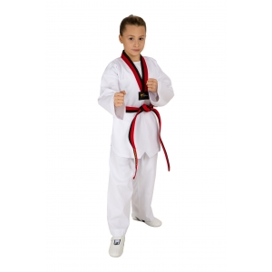 Форма хлопковая для тхэквондо (Taekwondo) WT с вышивкой детская красно-черный воротник.